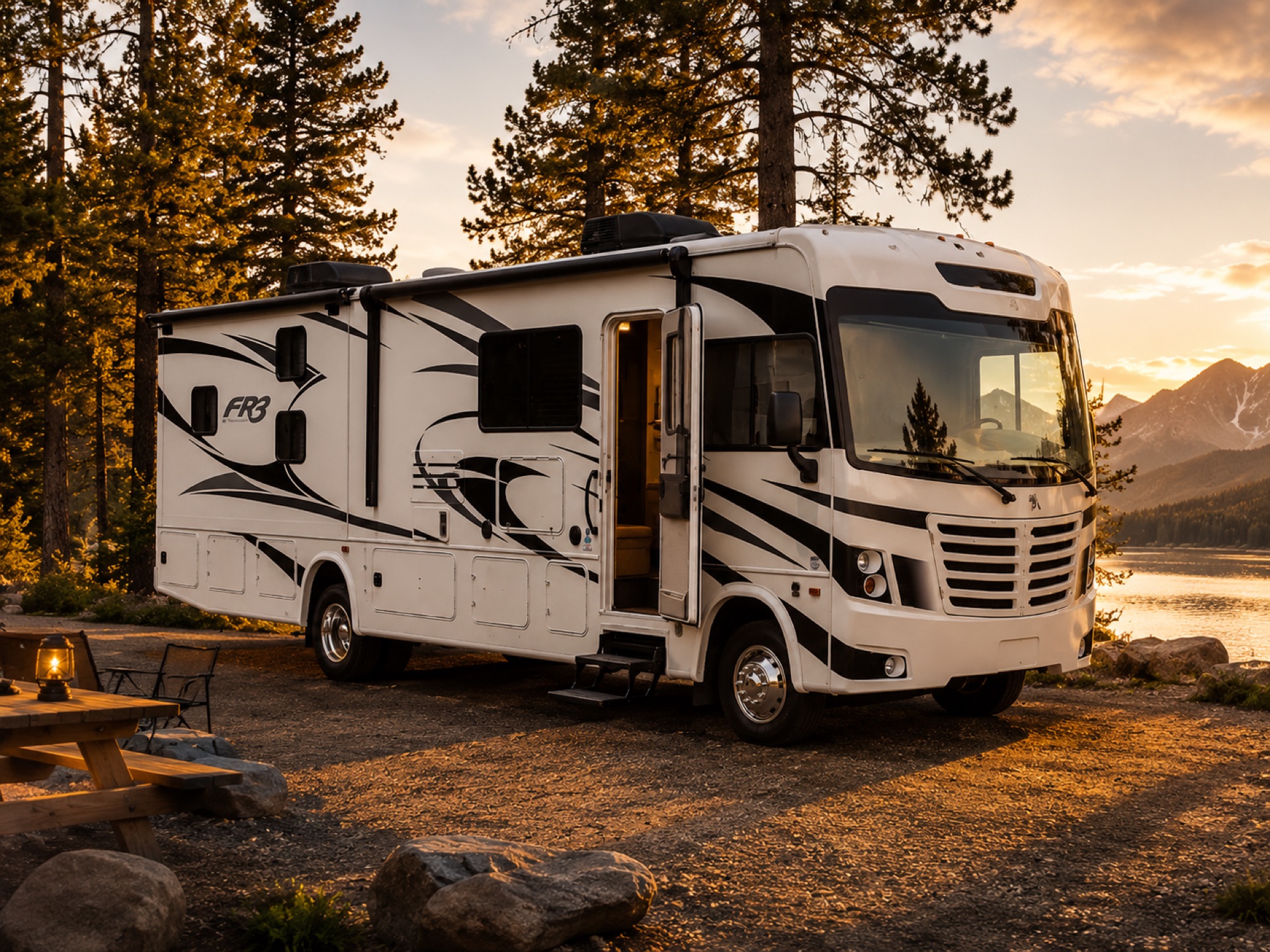 A Class A motorhome parked at a lakeside campsite at sunset