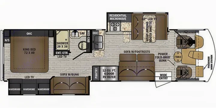 Floor plan diagram of the FR3 bunkhouse layout: front king bed, wardrobes, shower and lavatory, galley with residential microwave and four-door refrigerator, booth dinette, sofa with footrests, power fold-away bunk, sofa with bunk, and wide entry